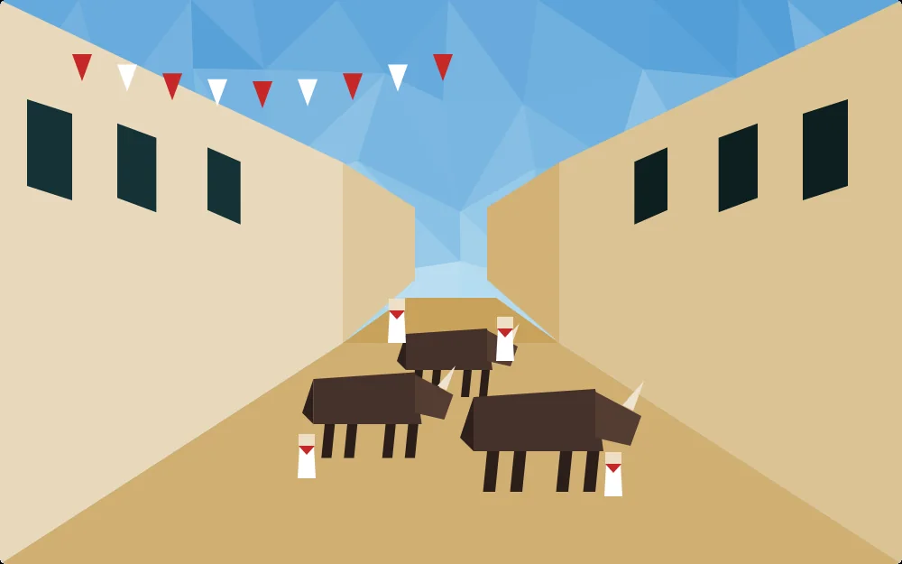 Ilustración de Pamplona: una calle estrecha con toros y corredores, durante el encierro