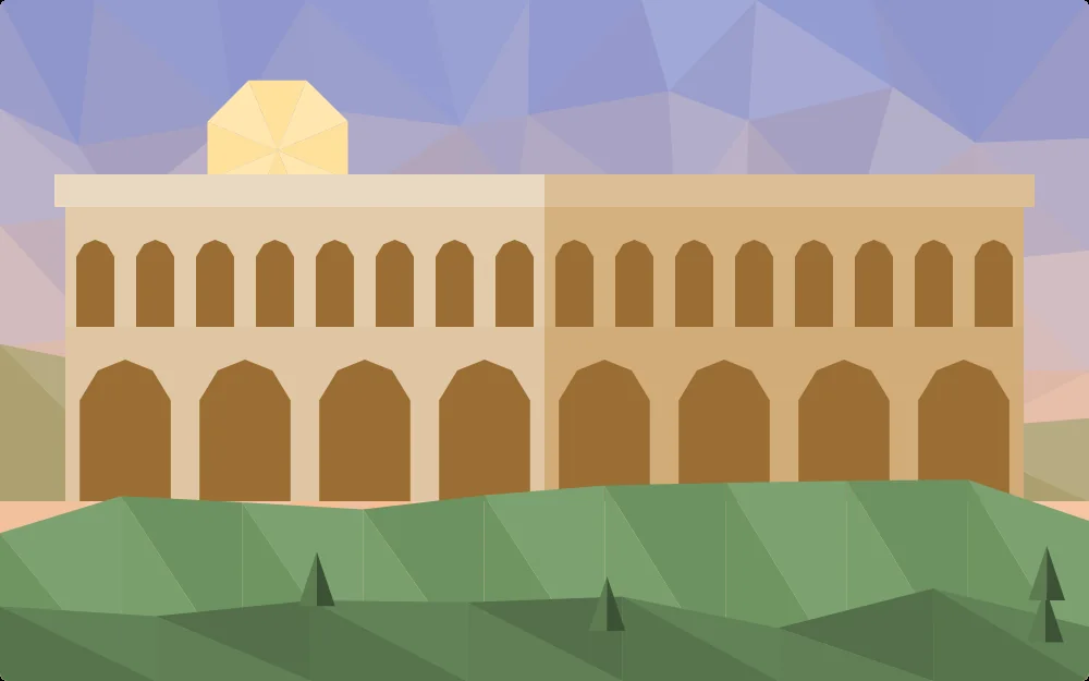 Ilustración de Segovia: el acueducto romano con sus dos pisos de arcos, bajo un cielo de amanecer